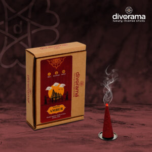 DivoRama Premium Amber Dhoop Cones/Amber Dhup Cone - Long Lasting Delicious Scent for Home Fragrance/Meditation/Dhoop for Pooja n Happy Vibes with Free Burner Plate- Pack of 100Gm