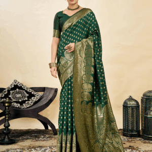 AXONIT Women's Silk Blend Banarasi Jacquard Classic Motif Design Saree with Unstitched Blouse Piece - Bottle Green