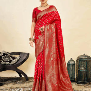 AXONIT Women's Silk Blend Banarasi Jacquard Classic Motif Design Saree with Unstitched Blouse Piece - Red